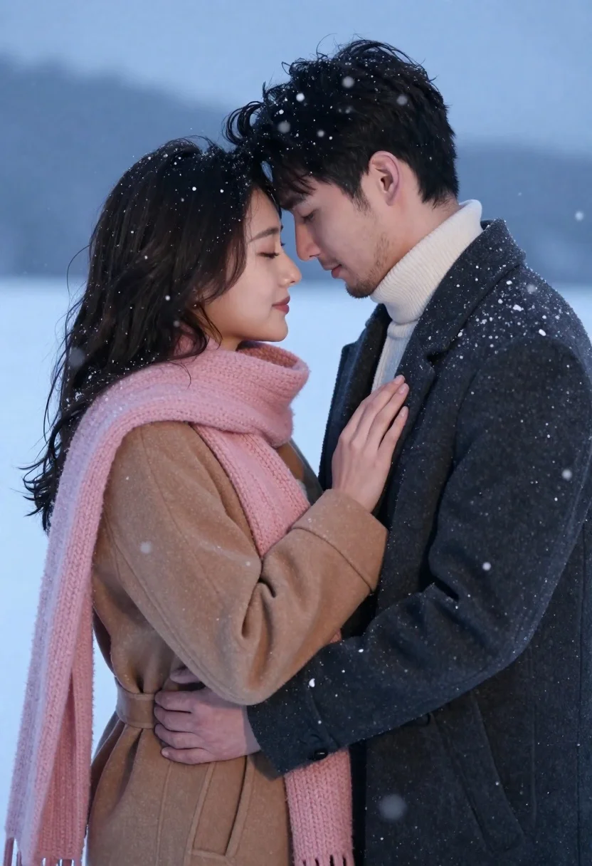 Romantic couple embracing closely in falling snow during winter season - AI generated image prompt sample