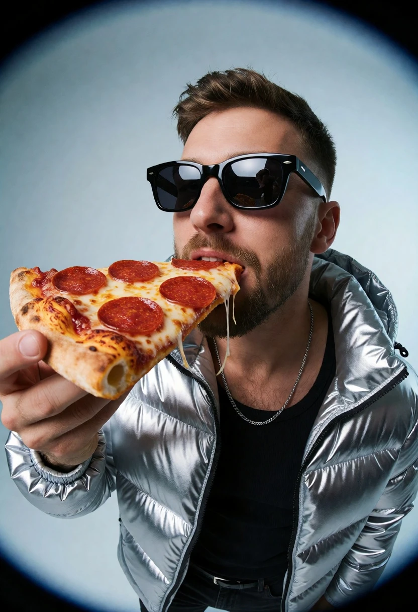 Man in silver puffer jacket eating pepperoni pizza under studio spotlight - AI generated image prompt sample