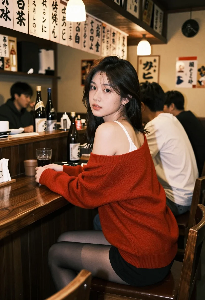 Young woman in red sweater at wooden bar counter in japanese izakaya - AI generated image prompt sample