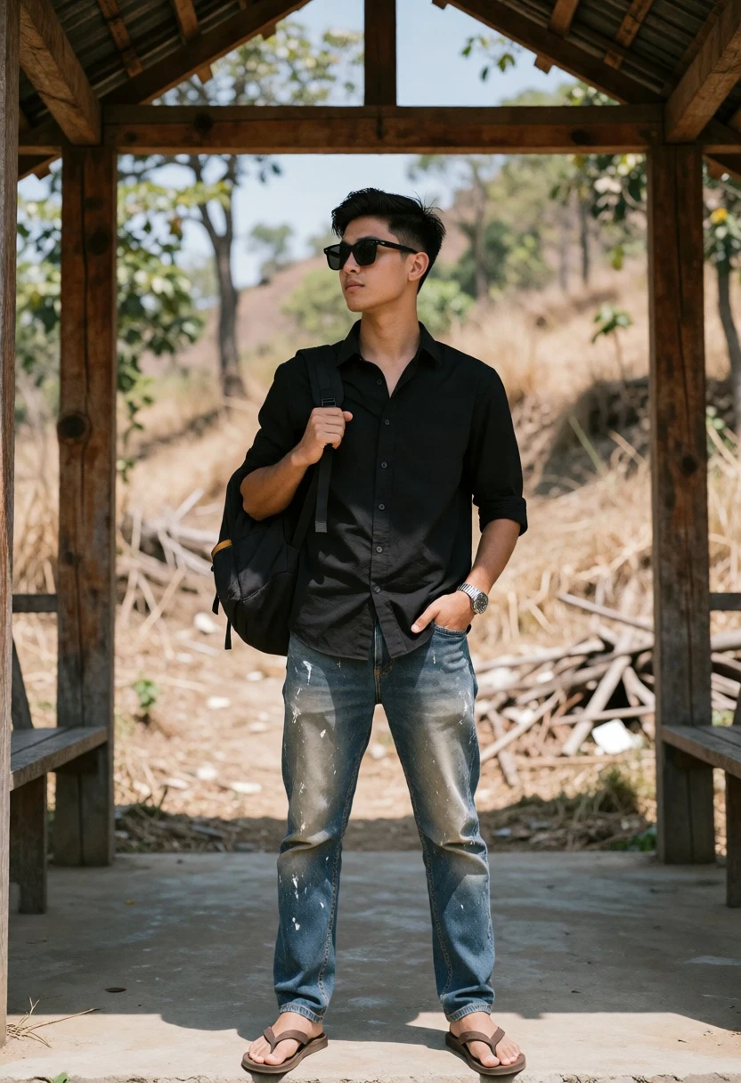 Young man in black shirt standing under rustic wood shelter landscape - AI generated image prompt sample