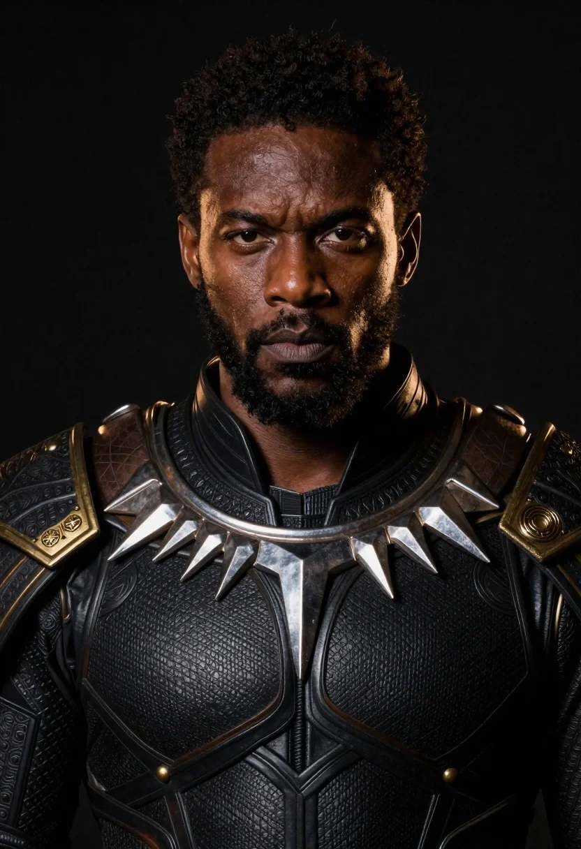 Black man in dark armored suit portrait against black background - AI generated image prompt sample