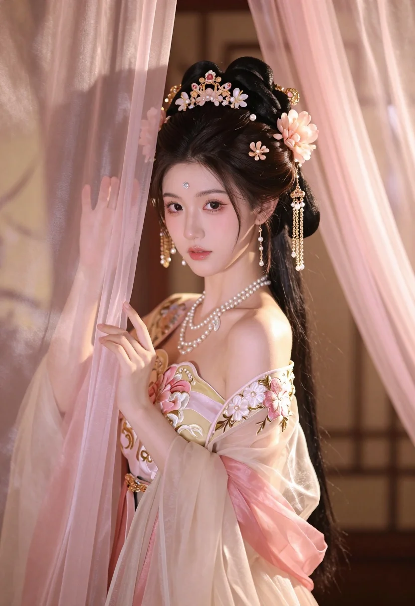 Young woman in pale pink gown holding sheer curtains indoors softly lit - AI generated image prompt sample