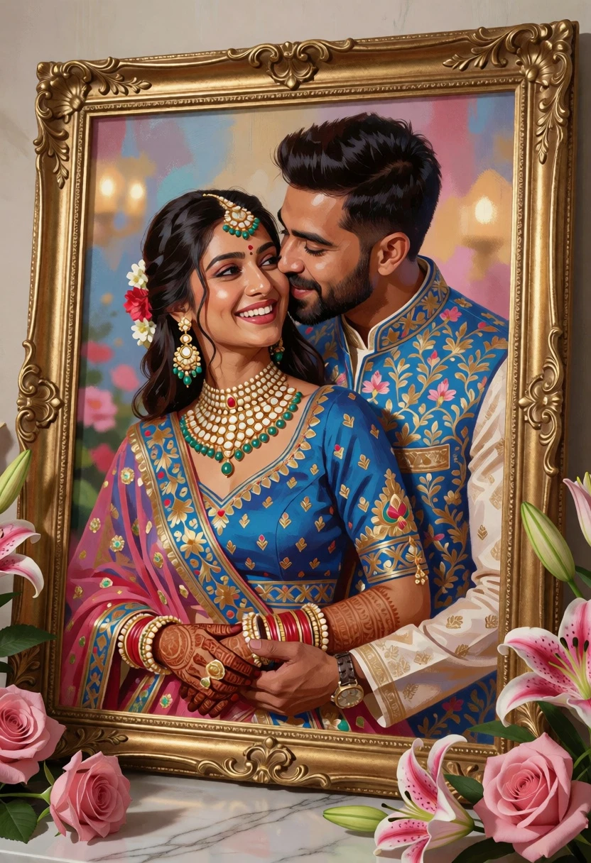Framed portrait of smiling couple in traditional blue indian wedding attire - AI generated image prompt sample