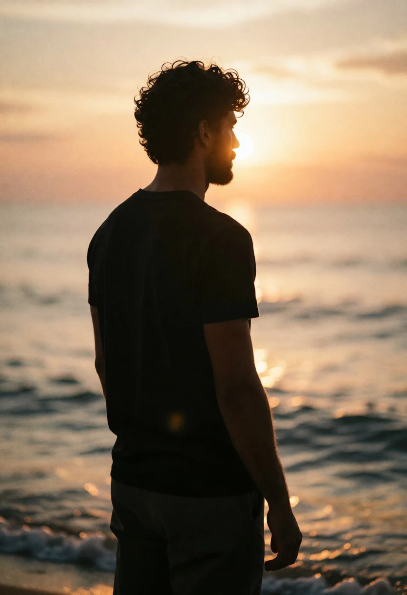 Man silhouette at ocean edge gazing toward glowing sunset horizon - AI generated image prompt sample