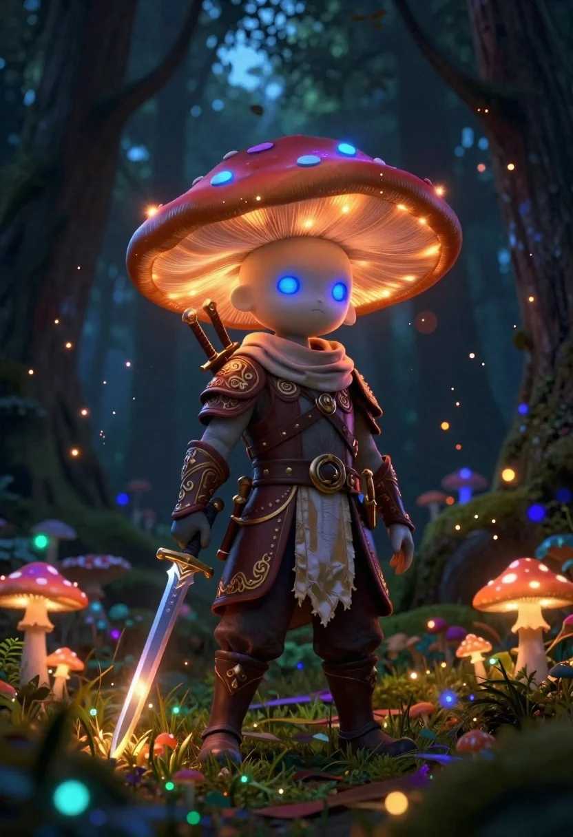 Anthropomorphic figure in mystical bioluminescent forest