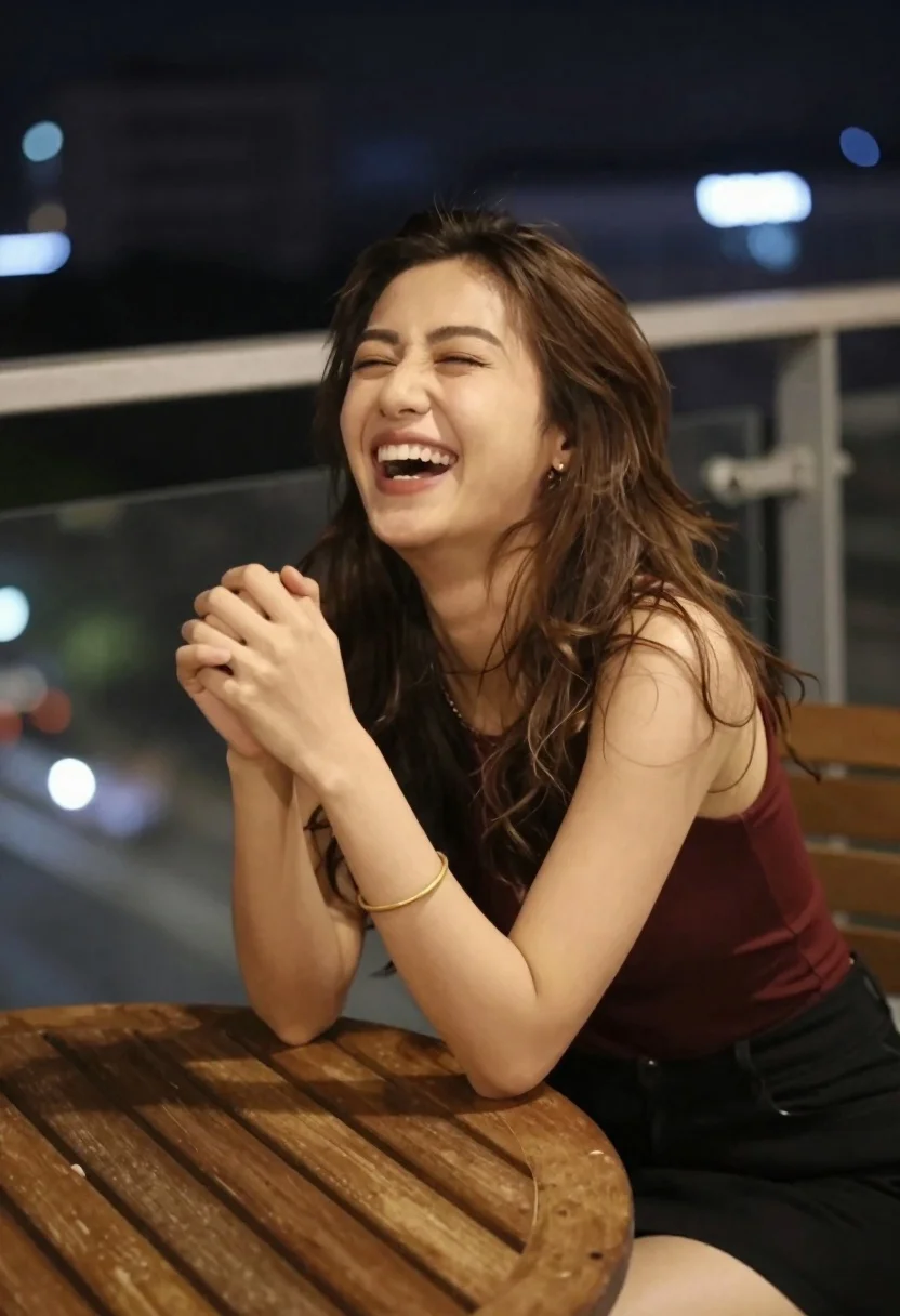 Young woman laughing at wooden table outdoors with city lights background