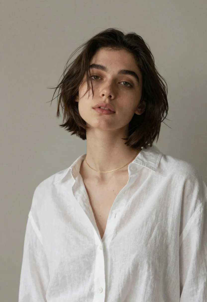 Young woman with bob haircut in white linen shirt - AI generated image prompt sample