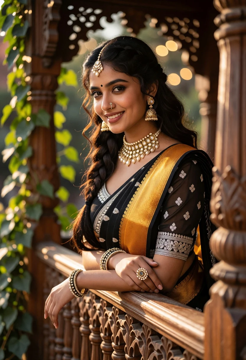 Young woman in black saree on carved wooden veranda with green ivy - AI generated image prompt sample