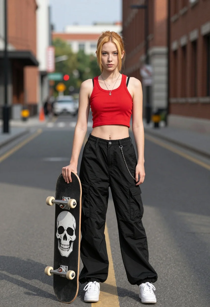 Young woman with reddish blonde hair holding skateboard on urban street - AI generated image prompt sample