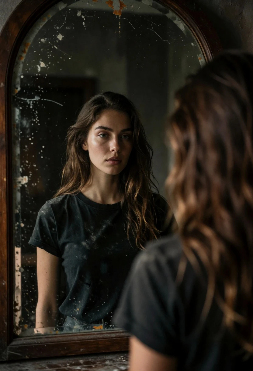 Woman gazing into an aged arched mirror with dark wood frame - AI generated image prompt sample