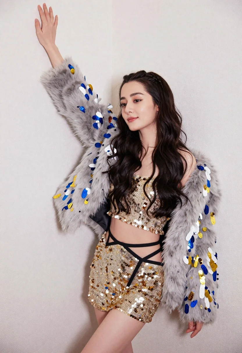Glamorous woman posing in gold sequins against a white studio wall