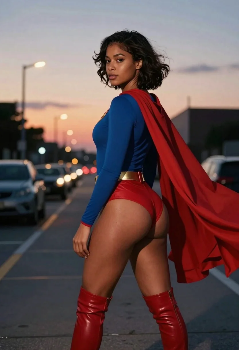Woman in superhero costume in urban twilight setting