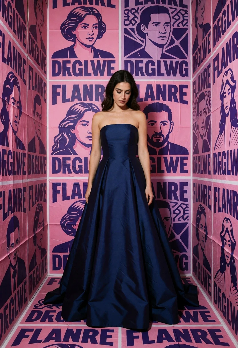 Woman in navy ballgown standing in room covered with colorful posters - AI generated image prompt sample