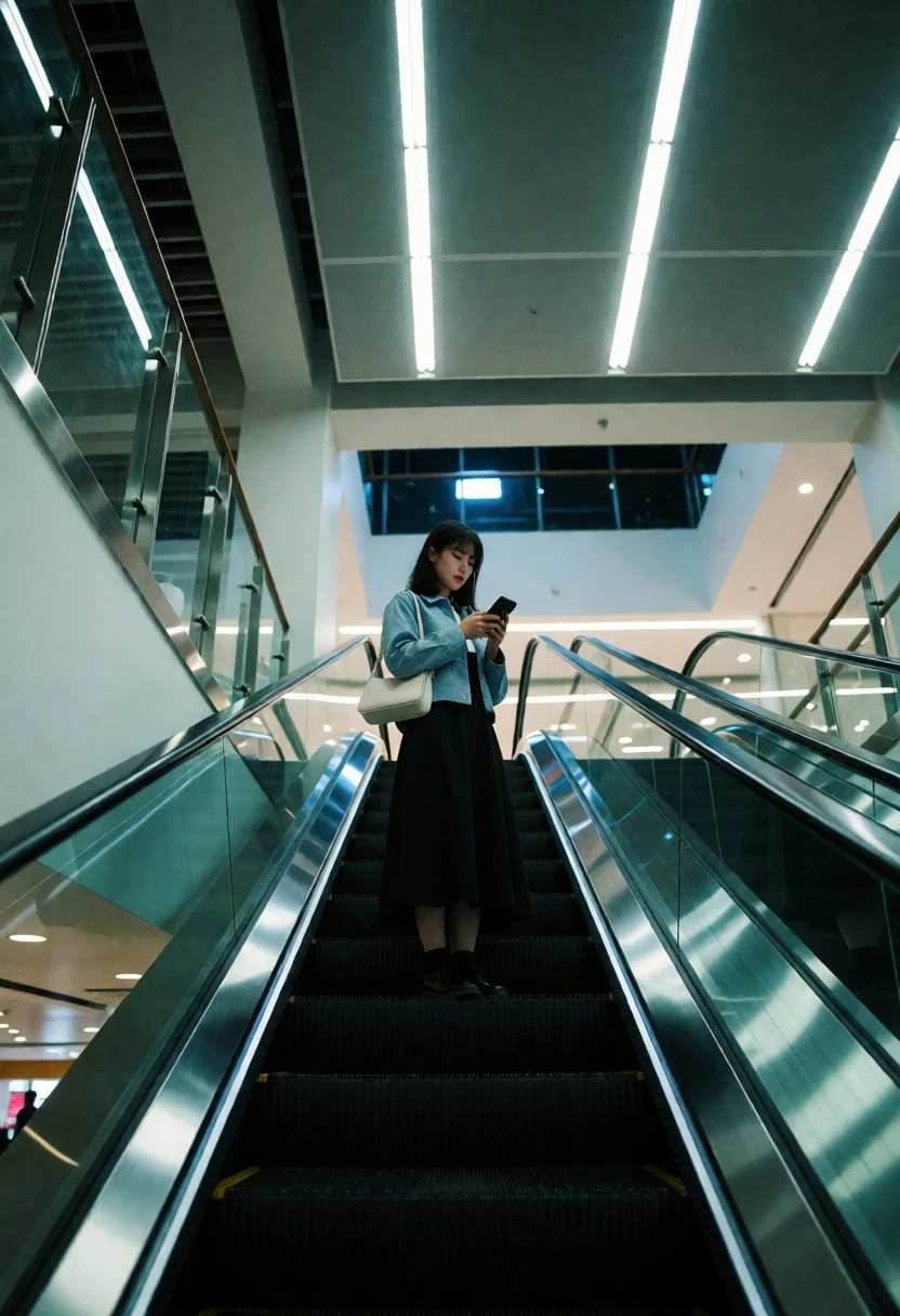 Woman looking at phone while riding escalator in modern indoor transit hub - AI generated image prompt sample