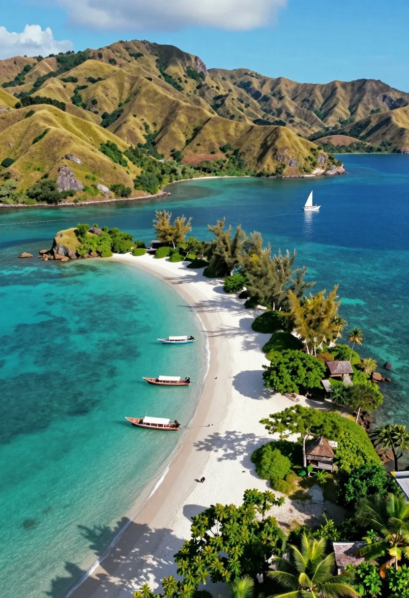 Aerial view of tropical paradise beach with green hills and boats - AI generated image prompt sample