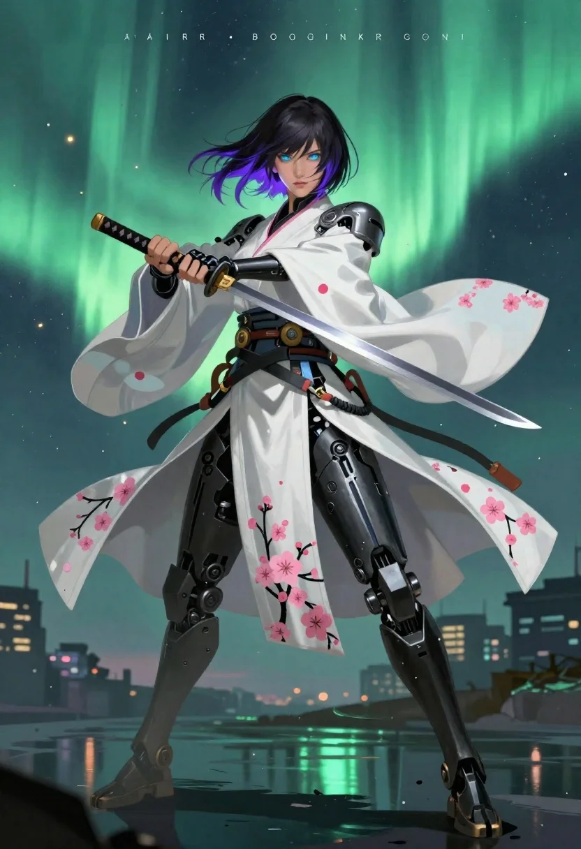 Futuristic warrior under green aurora borealis night