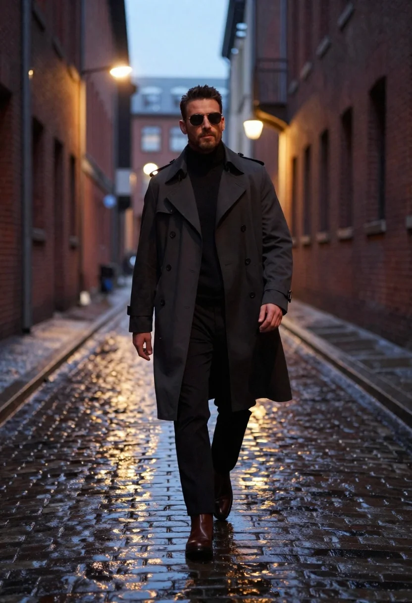 Stylish man walking down wet cobblestone alleyway at dusk