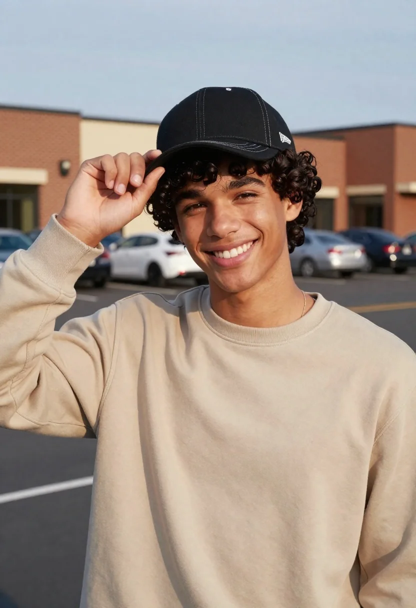 Young man smiling tipping black baseball cap in outdoor parking lot - AI generated image prompt sample