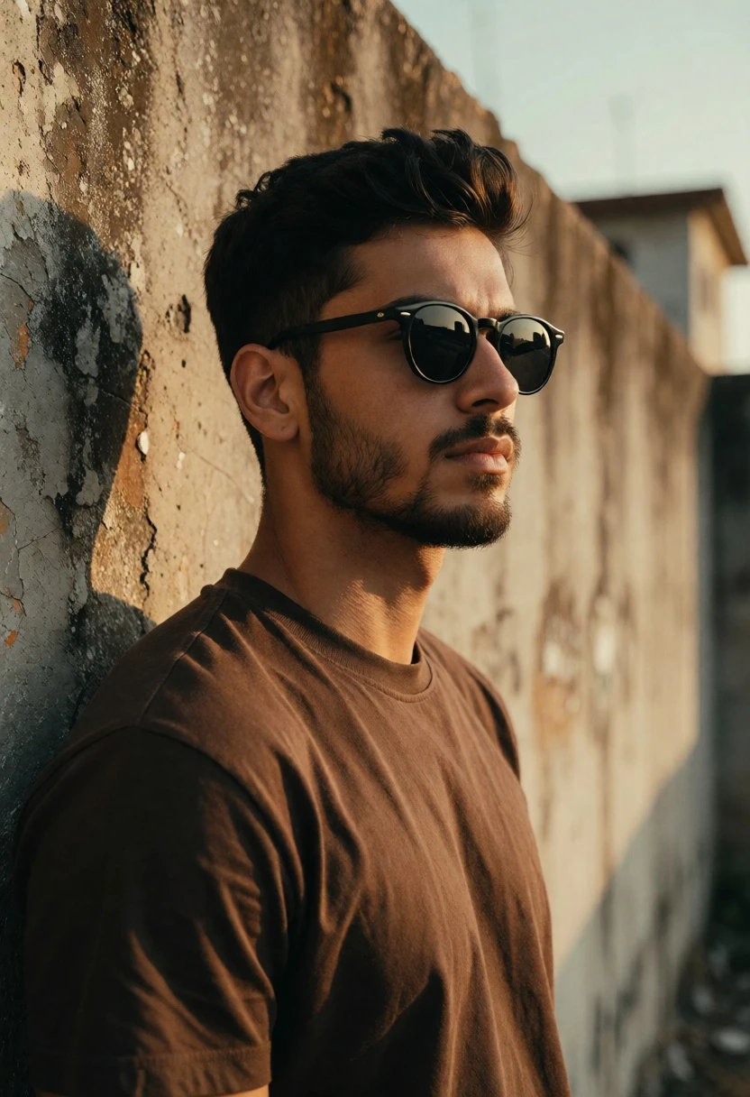 Handsome young man in brown tshirt against weathered concrete wall - AI generated image prompt sample