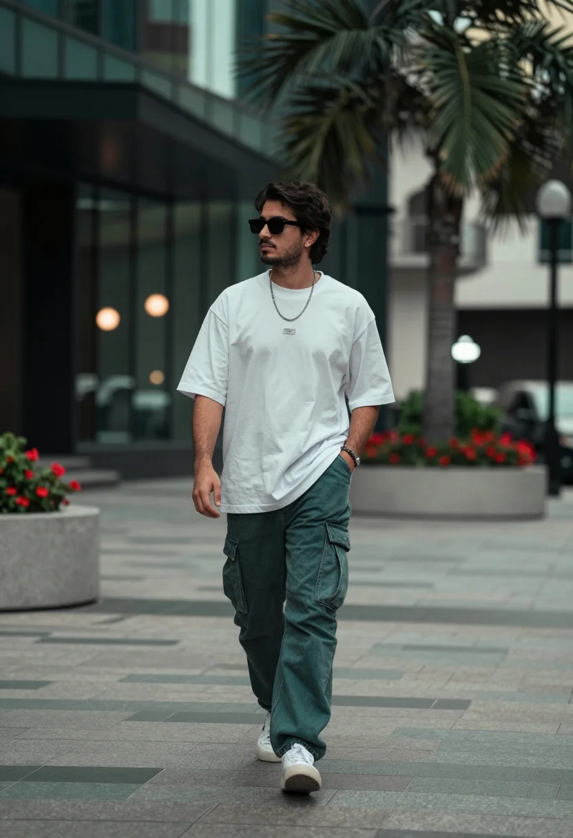 Young man walking down urban plaza street with modern building background - AI generated image prompt sample