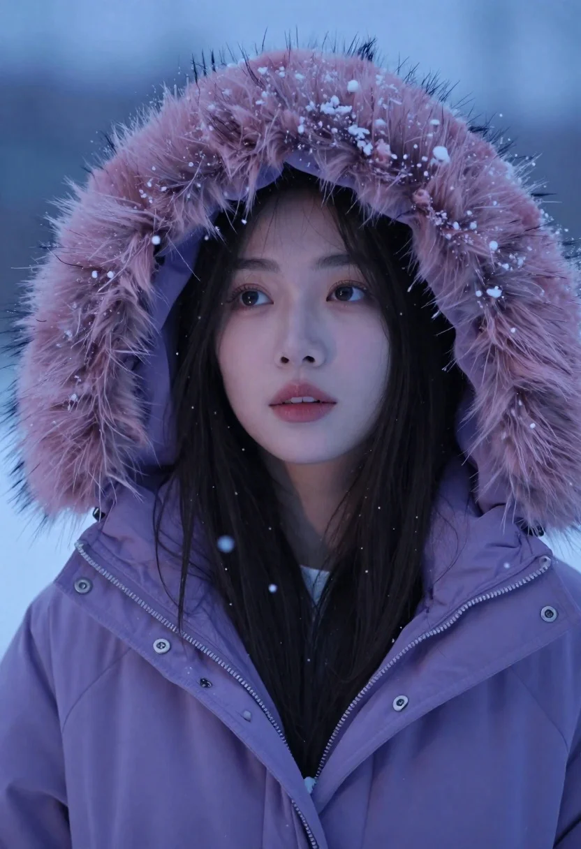 Portrait of woman in purple coat with falling snow - AI generated image prompt sample