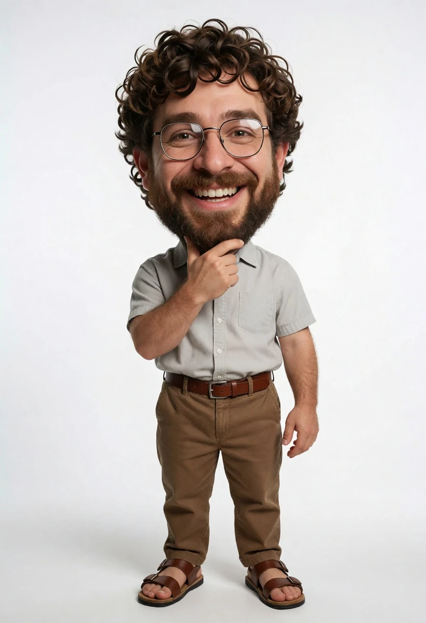 Caricatured man with oversized head in light grey shirt against white background - AI generated image prompt sample