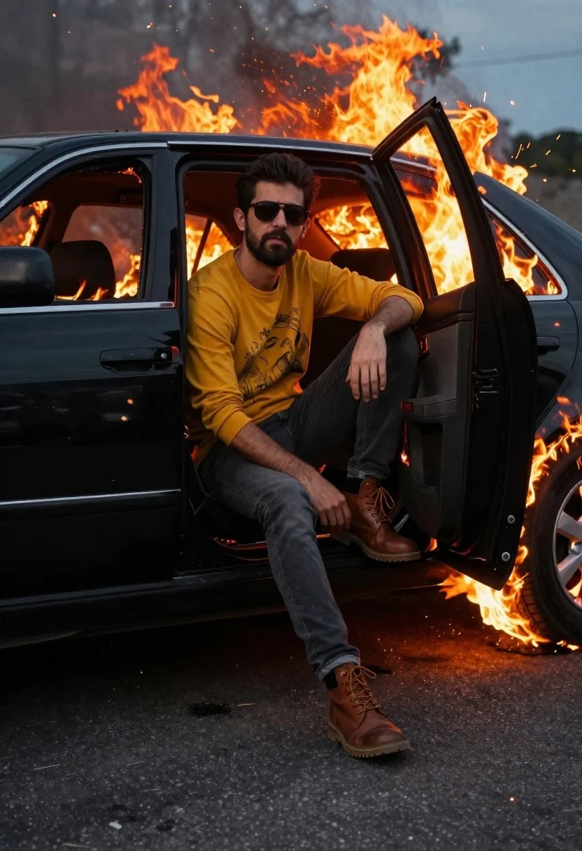 Young man sitting on open door of burning black sedan at low - AI generated image prompt sample