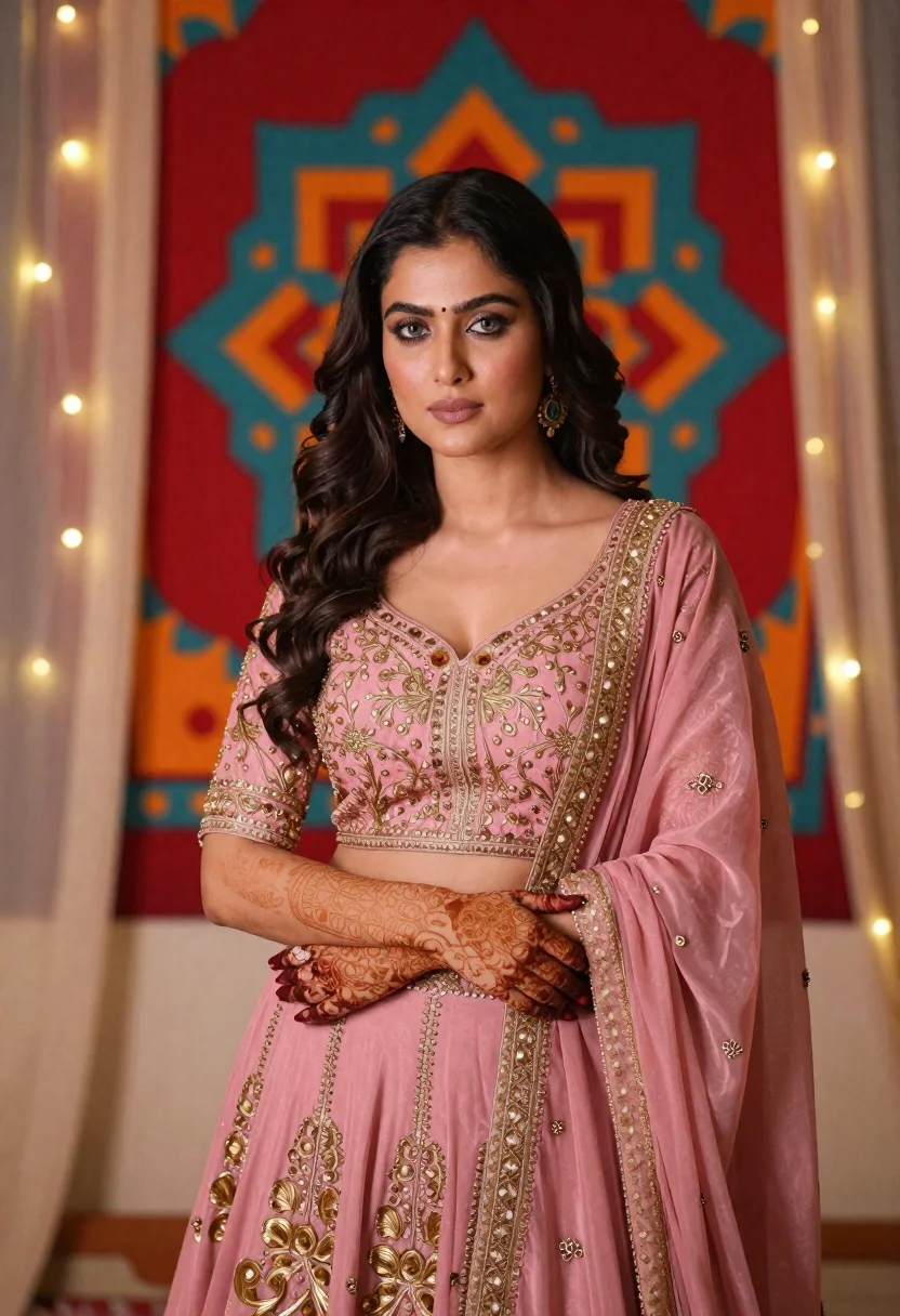 Woman in pink embroidered lehenga standing before a colorful mandala tapestry - AI generated image prompt sample