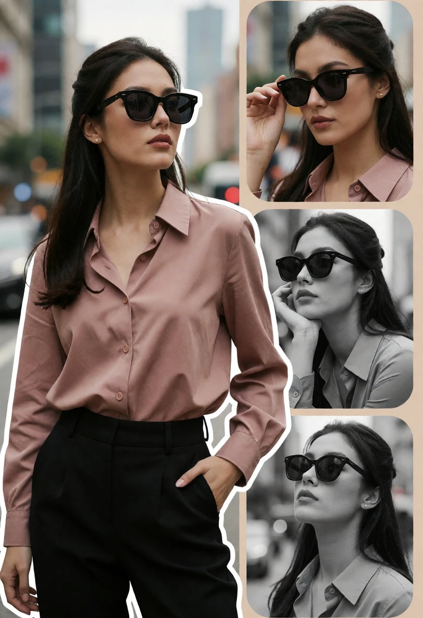 Stylish fashion collage of young woman in streetwear against blurred city backdrop - AI generated image prompt sample