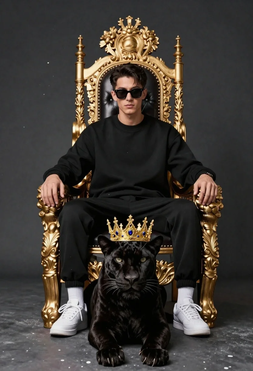 Man on golden throne with black panther companion - AI generated image prompt sample