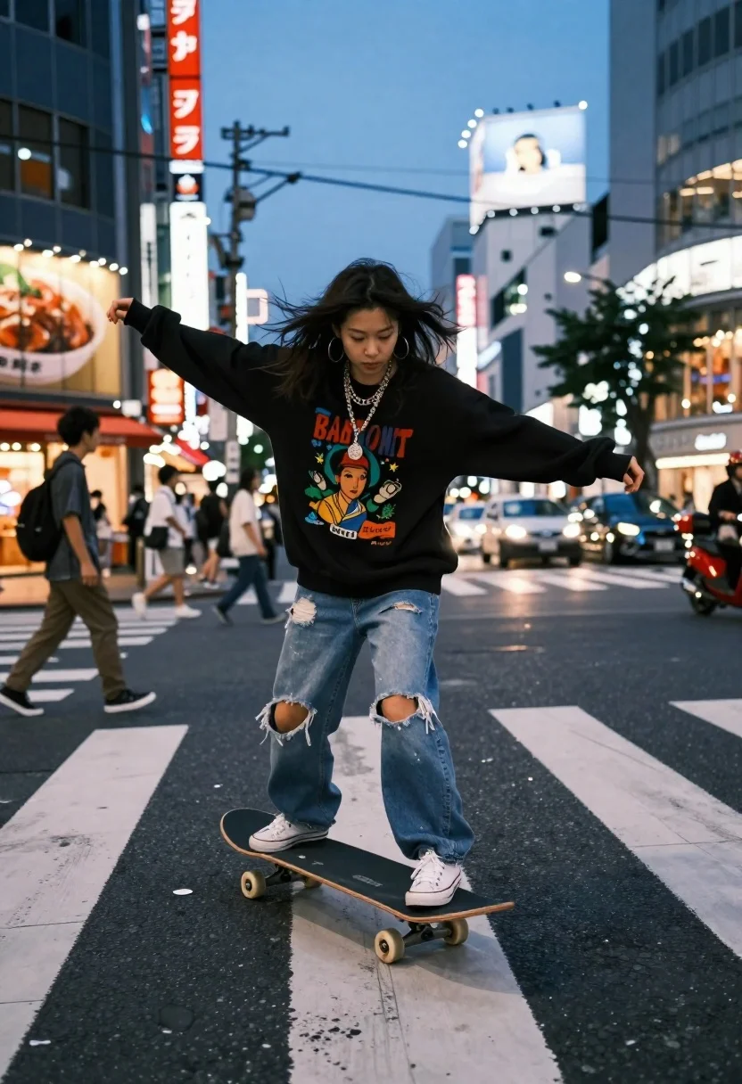 Skateboarding woman in busy japanese city at twilight - AI generated image prompt sample