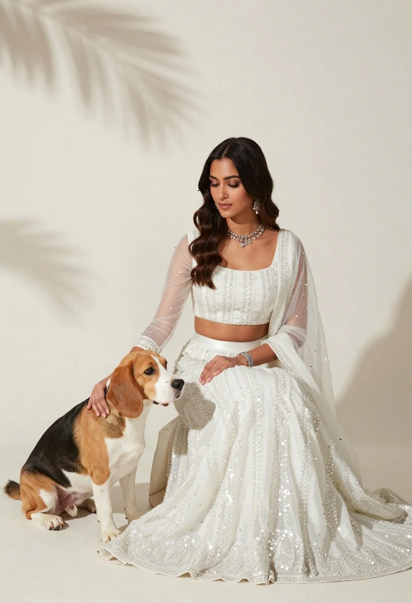 Young woman in white lehenga sitting with beagle dog in studio setting