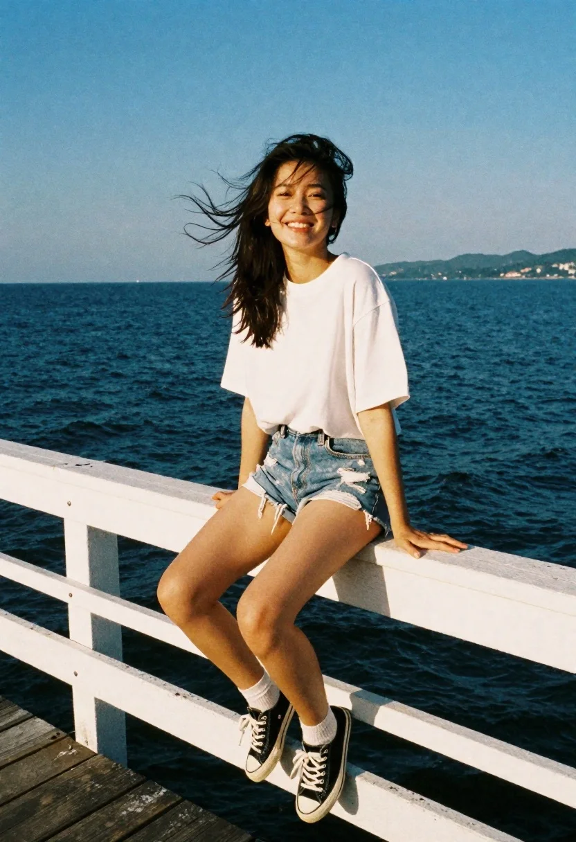 Smiling woman on white pier overlooking blue ocean
