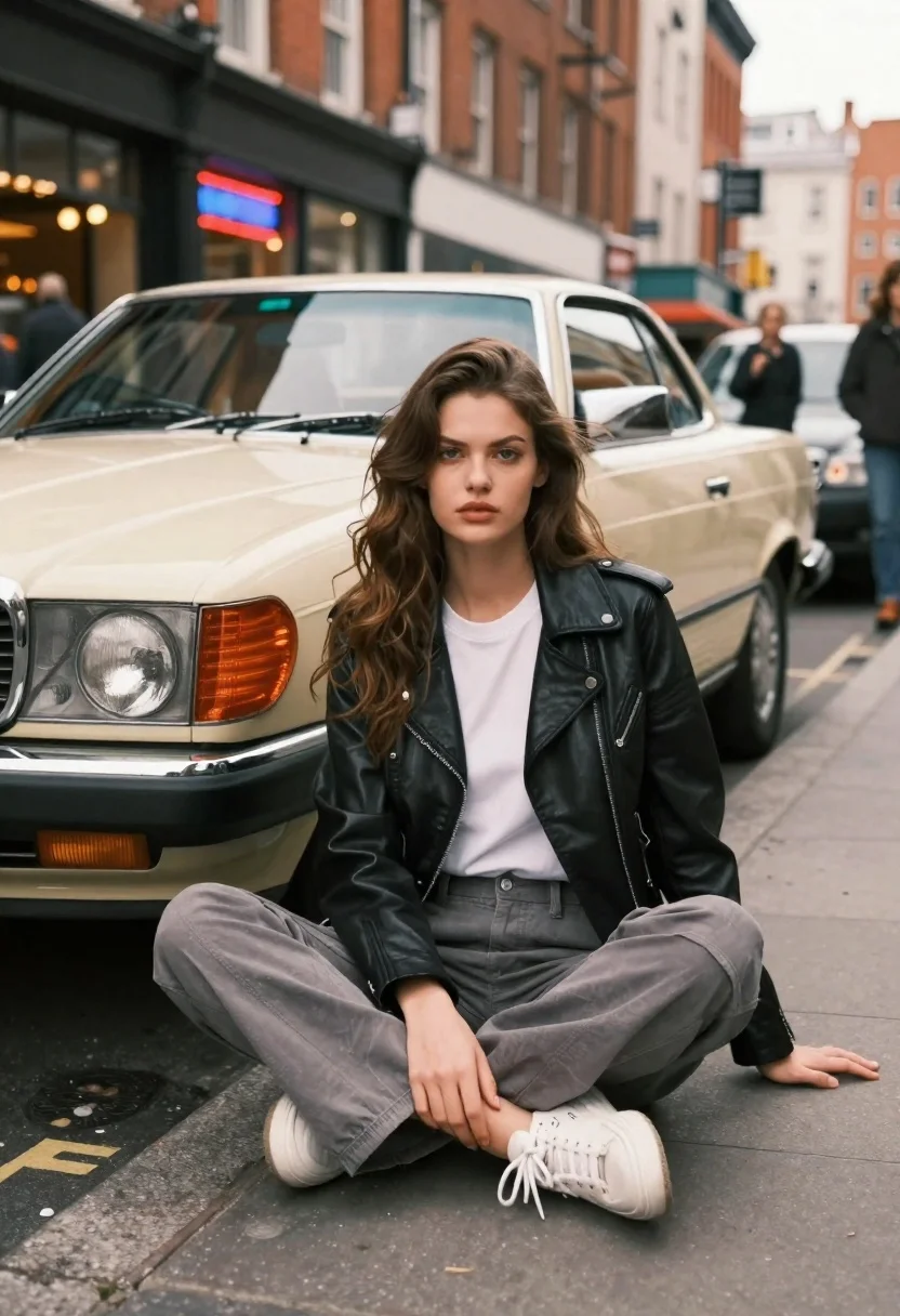 Young woman in biker jacket sitting by vintage mercedes coupe on city - AI generated image prompt sample