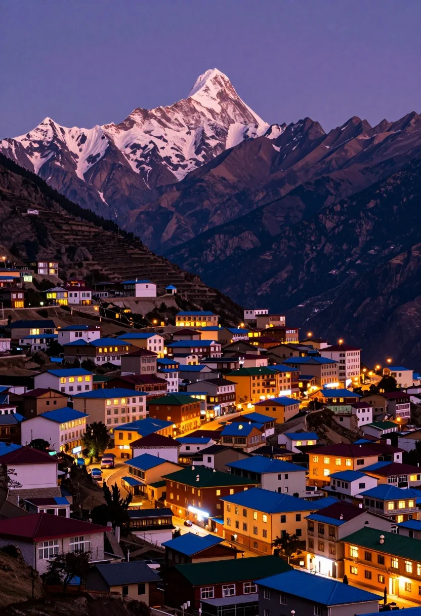 Panoramic view of colorful mountain town beneath majestic snow capped peak at - AI generated image prompt sample