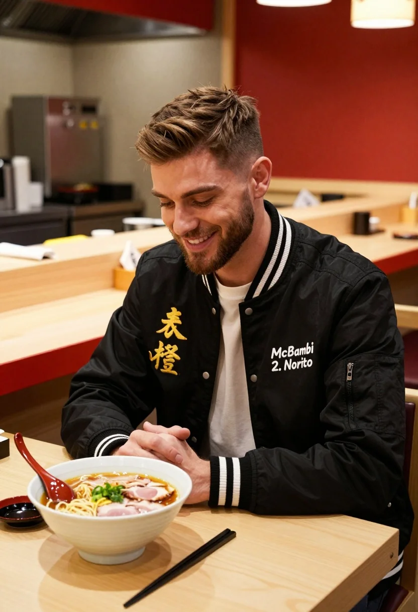 Young man smiling at ramen bowl in modern japanese restaurant setting - AI generated image prompt sample