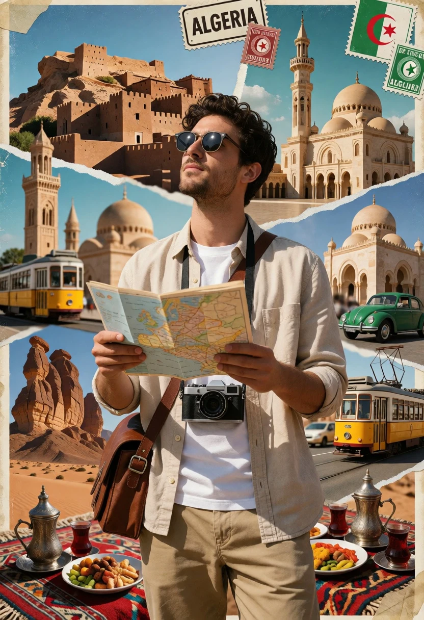 Man holding map in vibrant collage of algerian landmarks and culture - AI generated image prompt sample