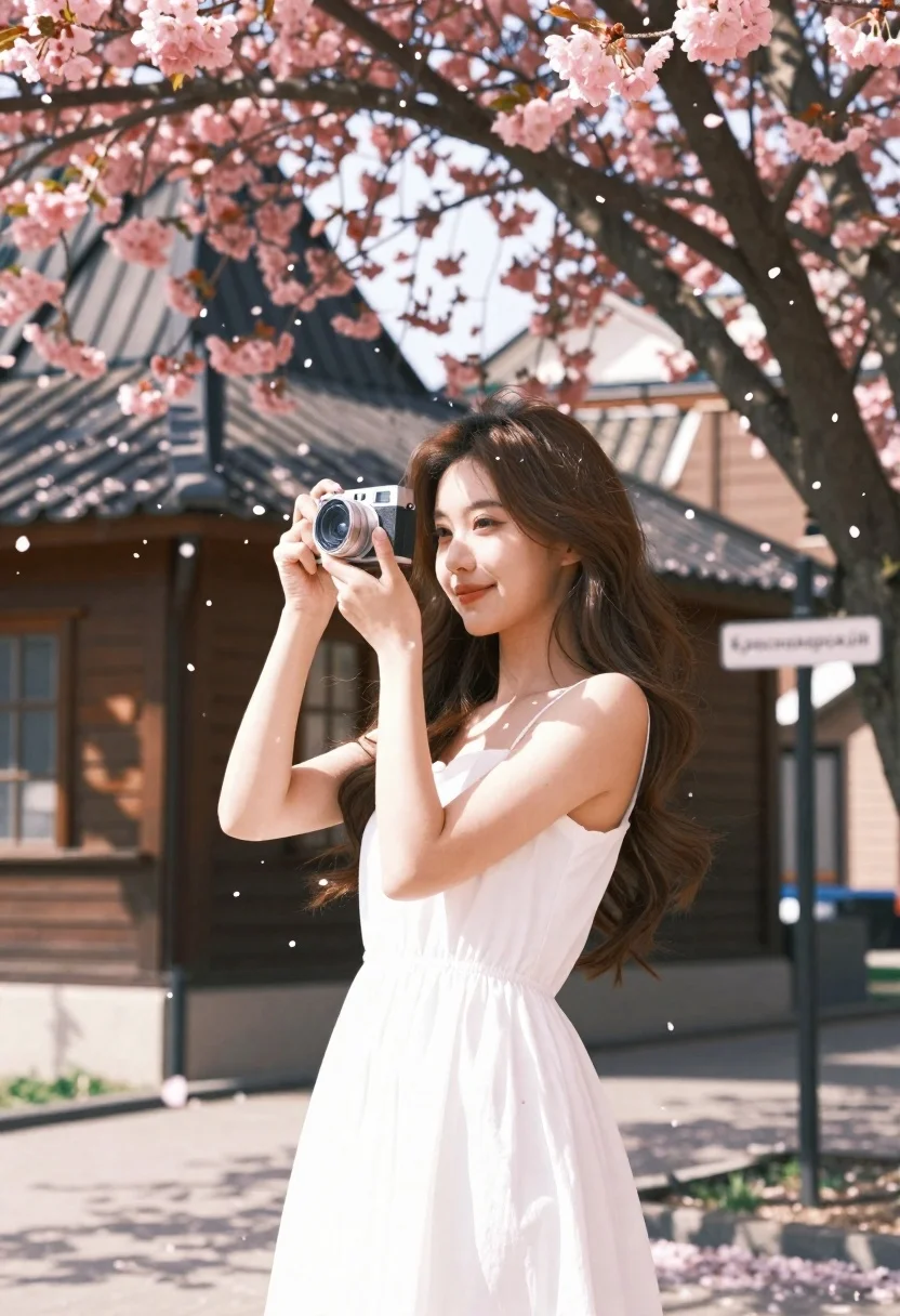 Young woman in white dress holding camera under cherry blossom tree - AI generated image prompt sample