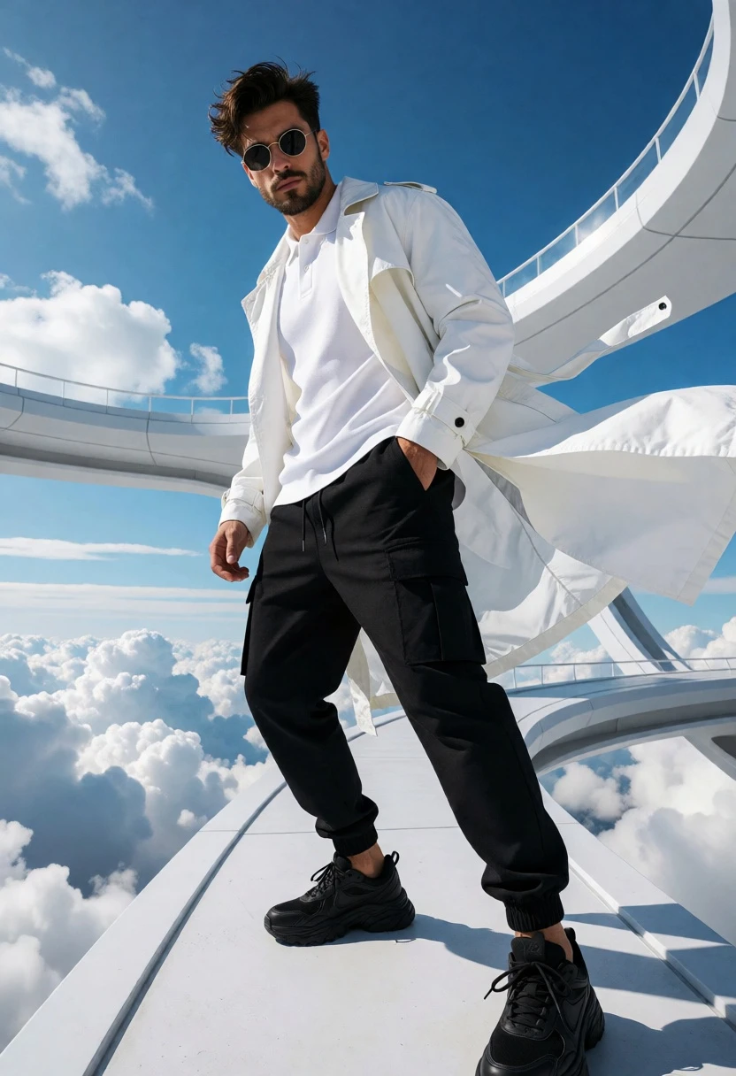 Stylish man on futuristic walkway above fluffy clouds under bright blue sky - AI generated image prompt sample