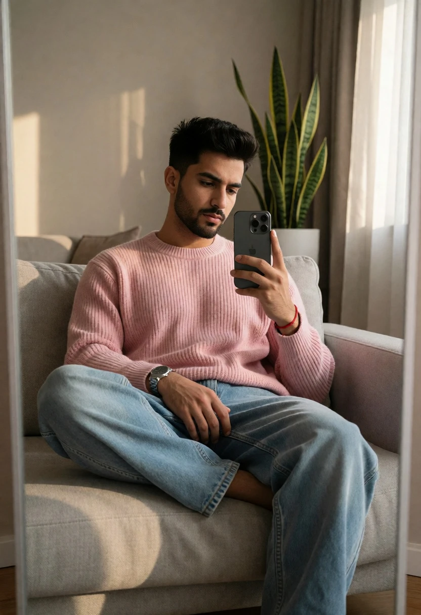 Young man taking mirror selfie in modern living room setting - AI generated image prompt sample