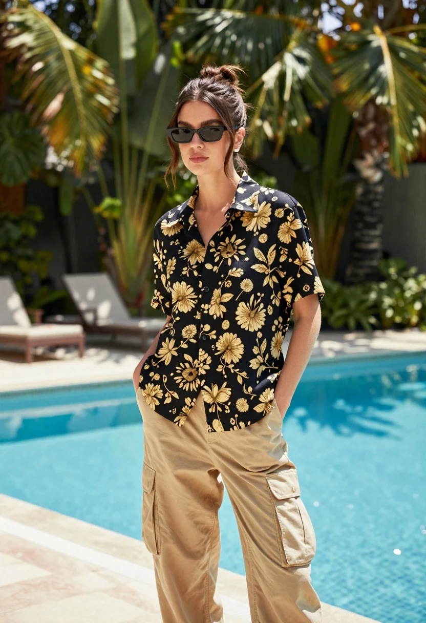 Stylish young woman by blue swimming pool with tropical greenery background - AI generated image prompt sample