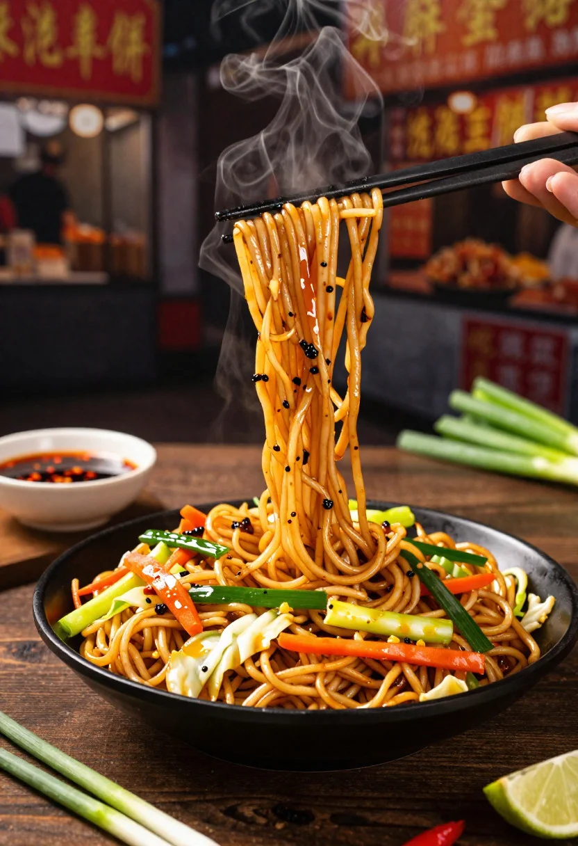 Close up shot of sizzling hakka noodles being lifted with chopsticks