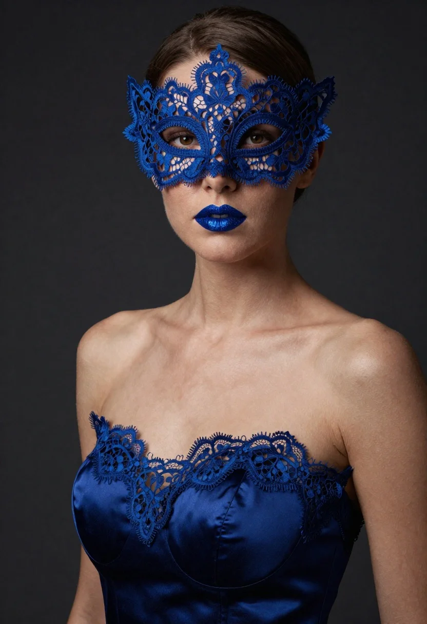 Portrait of woman in blue lace mask and satin gown - AI generated image prompt sample