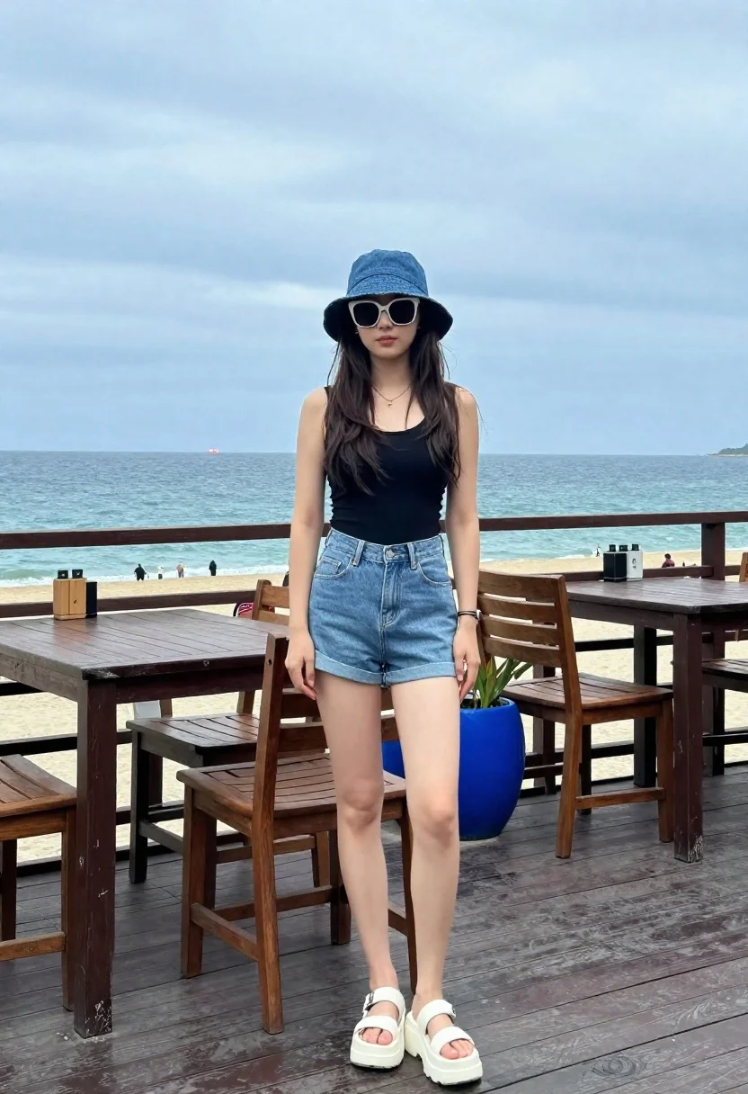 Young woman on wooden deck overlooking sea under cloudy sky