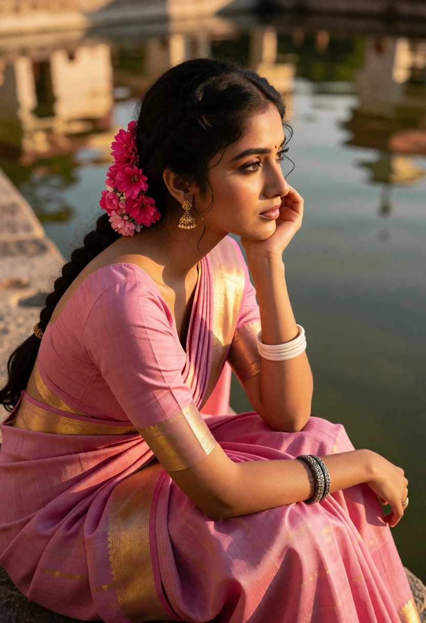Young woman in pink saree by reflective water body at golden hour - AI generated image prompt sample