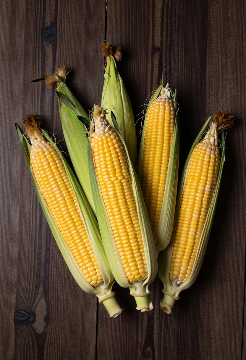 Top down view of five yellow corn cobs on a dark wooden - AI generated image prompt sample