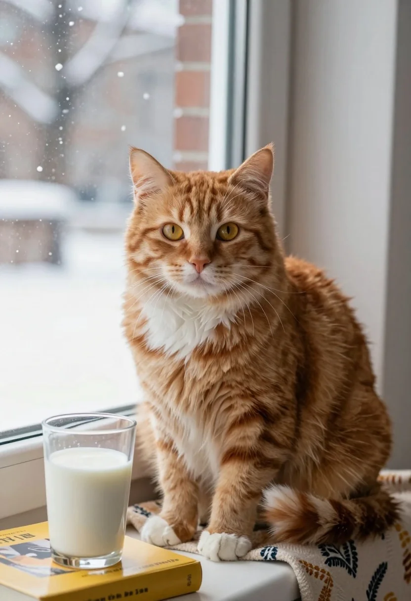 Fluffy ginger tabby cat sitting by a windowsill overlooking snowy street - AI generated image prompt sample