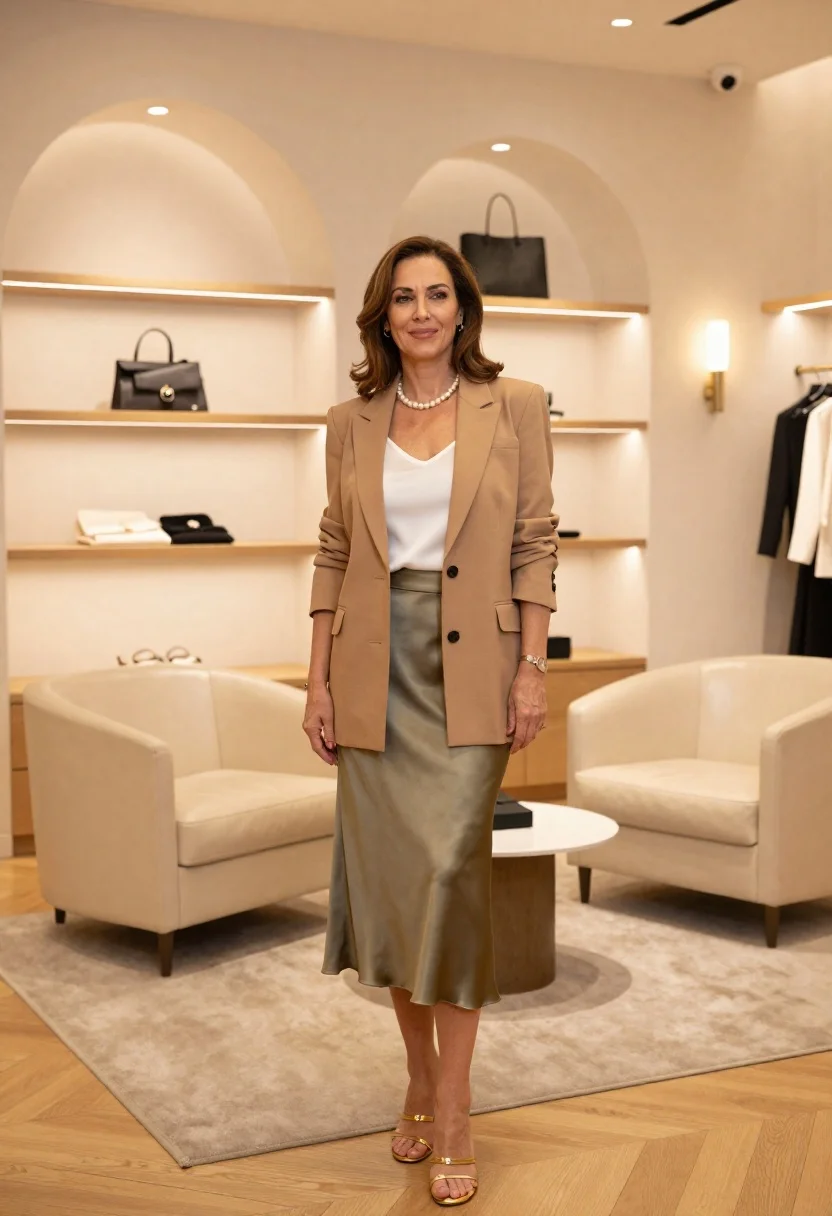 Stylish woman in boutique with beige tones