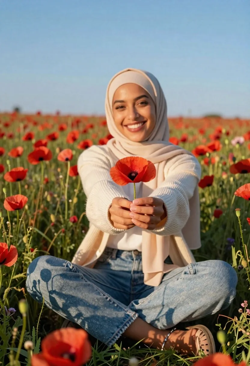 Smiling woman in beige hijab holding red poppy in a vast meadow - AI generated image prompt sample