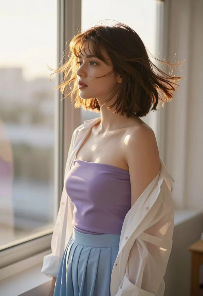 Fair skinned woman in purple top near window with soft golden sunlight - AI generated image prompt sample